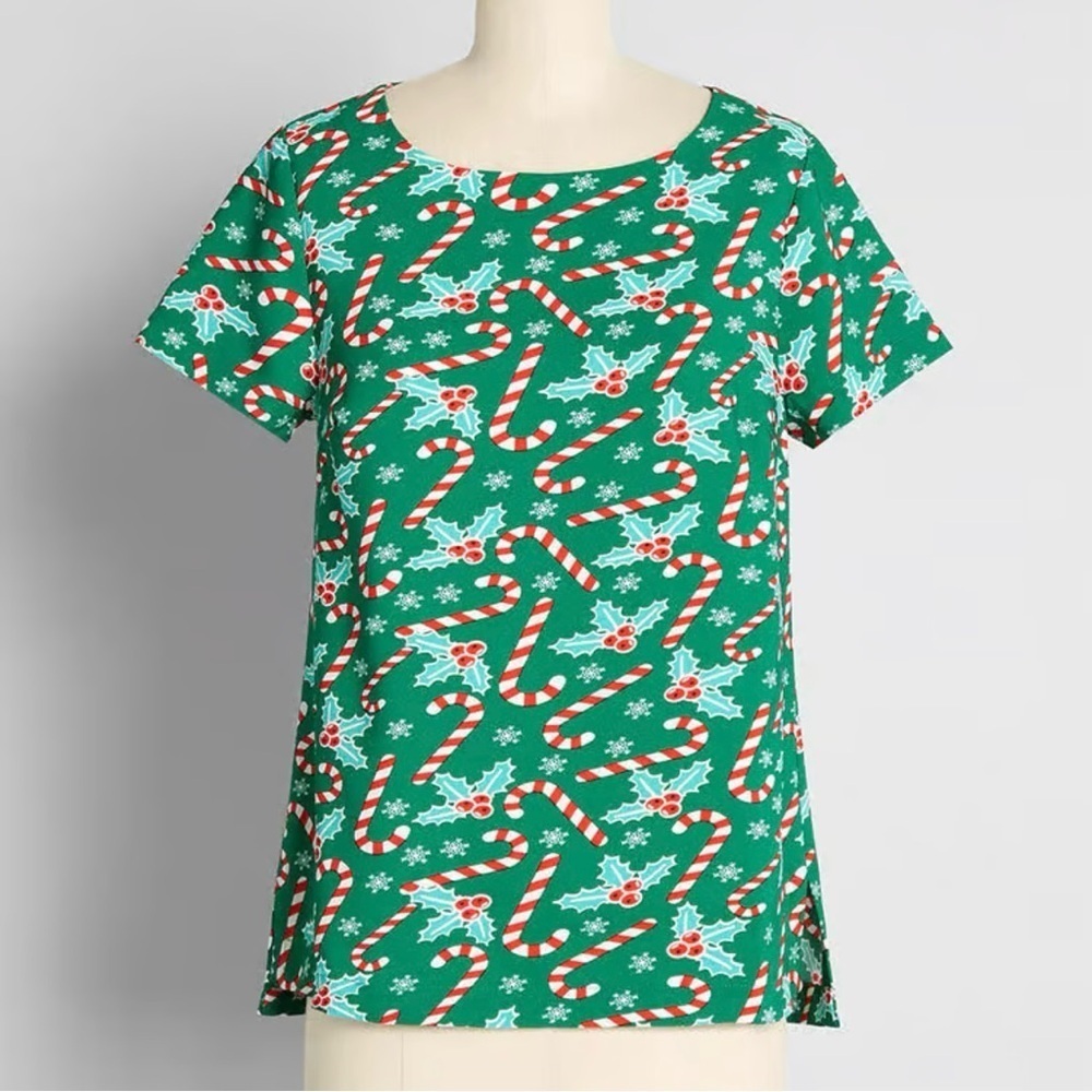 New ModCloth Delightful Demeanor Short Sleeve Blouse Candy cane